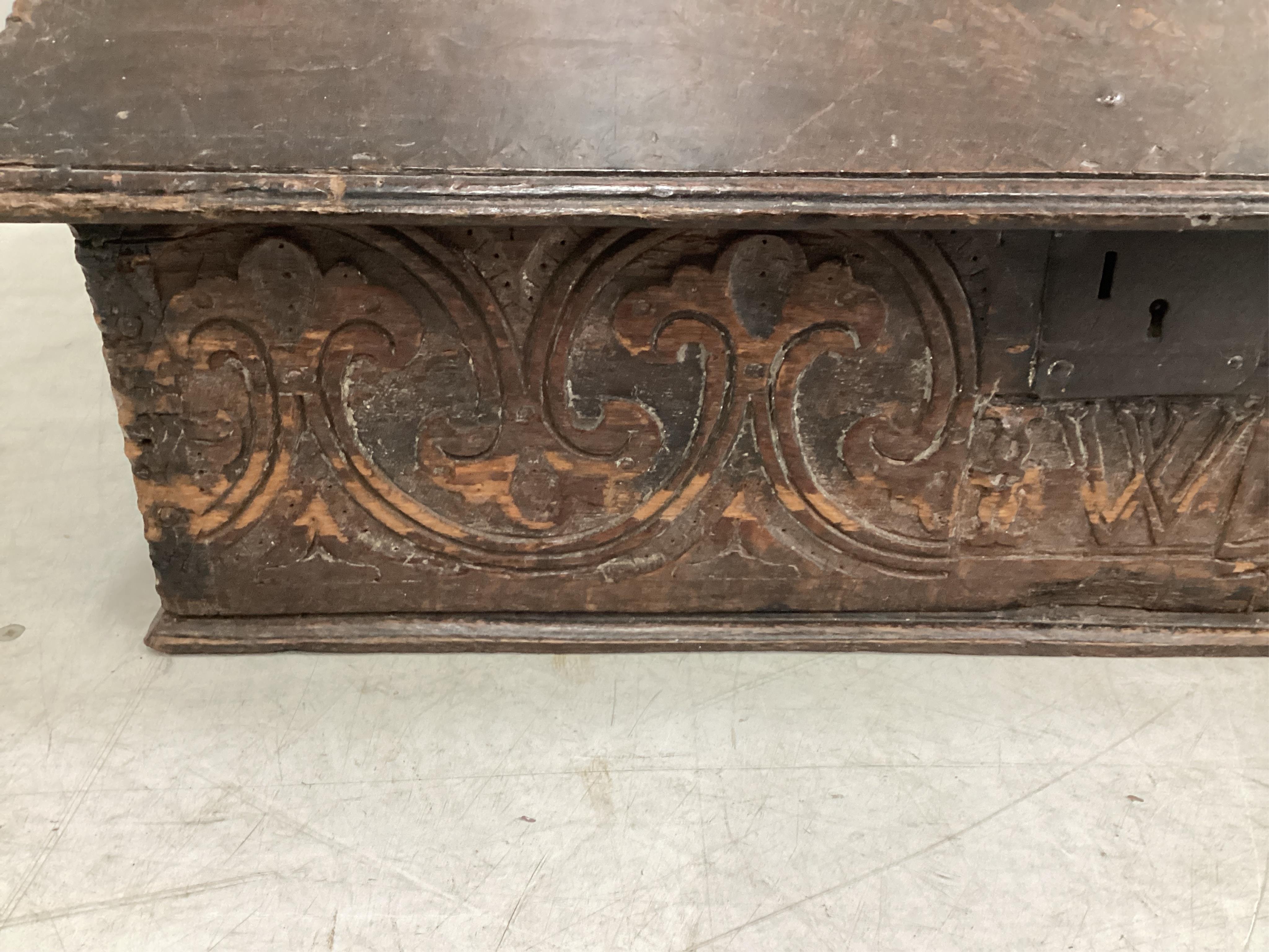 An early 18th century oak bible box, width 74cm, depth 46cm, height 30cm. Condition - poor to fair